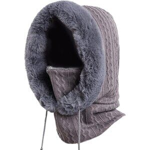 🆕 Women Grey Winter Balaclava Hat Ski Warm Thick Fluff Beanie Adult Neck Face